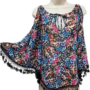 Retro Bebe Butterfly Sleeves Boho Cape Top Cold Shoulder Keyhole Tassel Trim